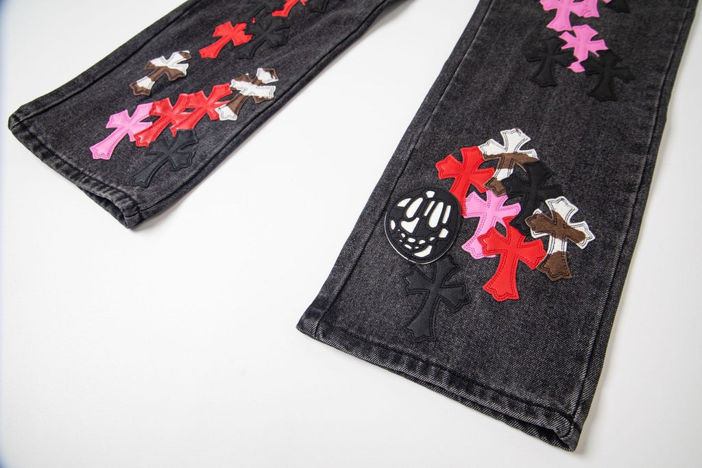Chrome Hearts Multi Cross Patch Denim Jeans - Grey Gothic Street Pants