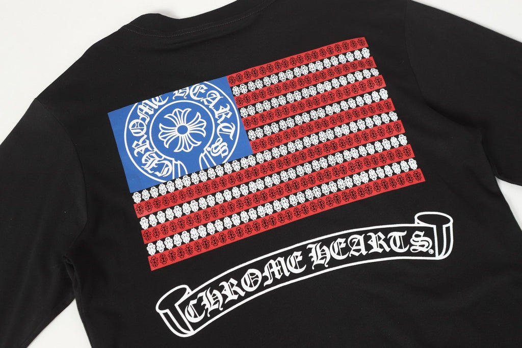 Chrome Hearts Logo Flag Long Sleeve Tee   Black White Gothic Street T-Shirt K2126
