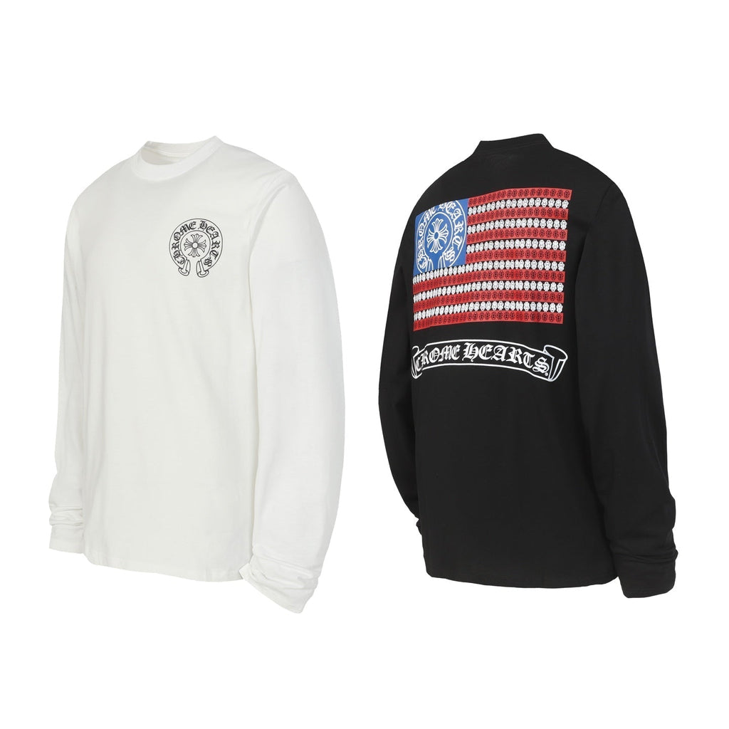 Chrome Hearts Logo Flag Long Sleeve Tee   Black White Gothic Street T-Shirt K2126