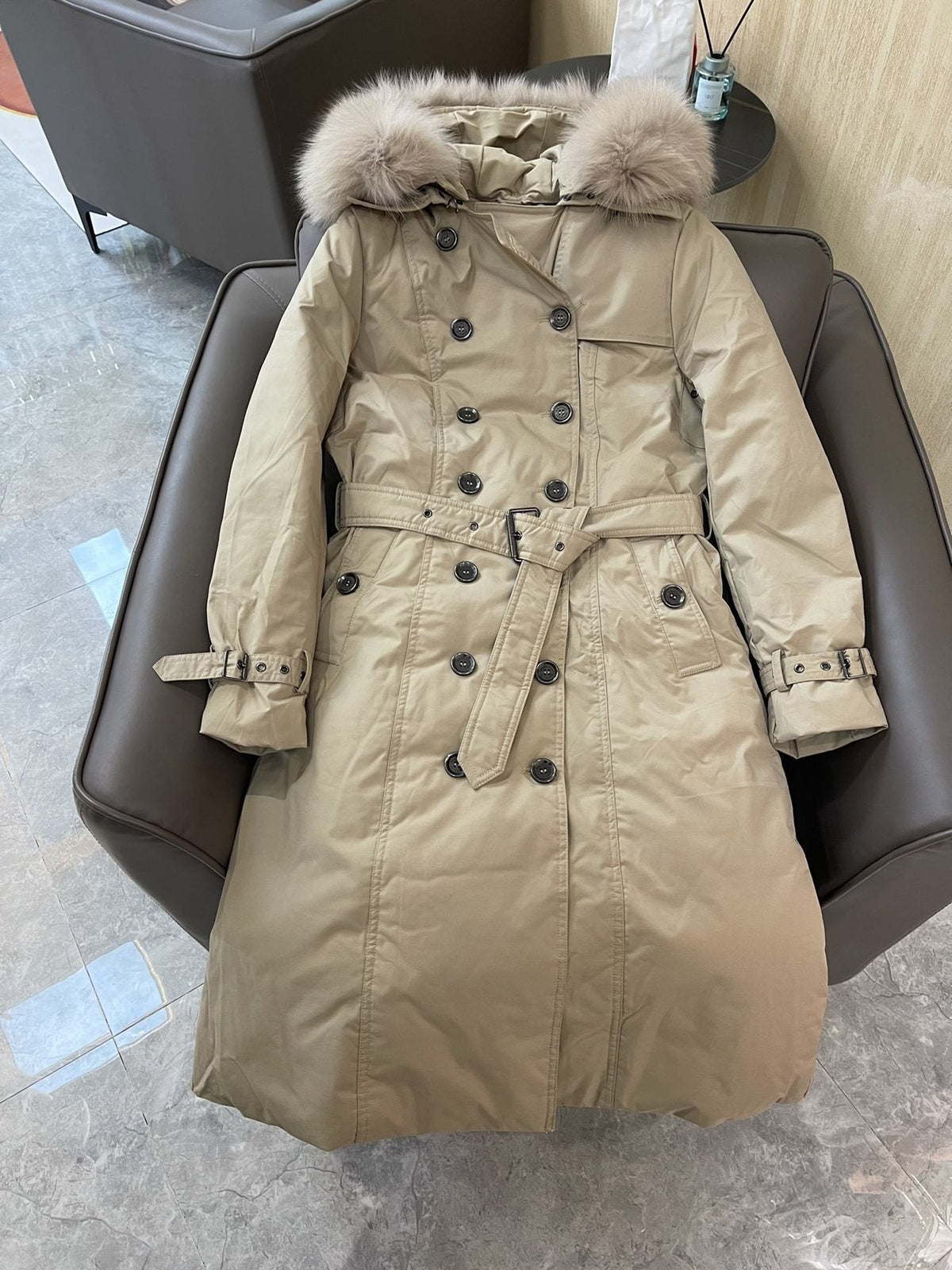 Burberry Fox Fur-Trim Belted Long Down Jacket — front