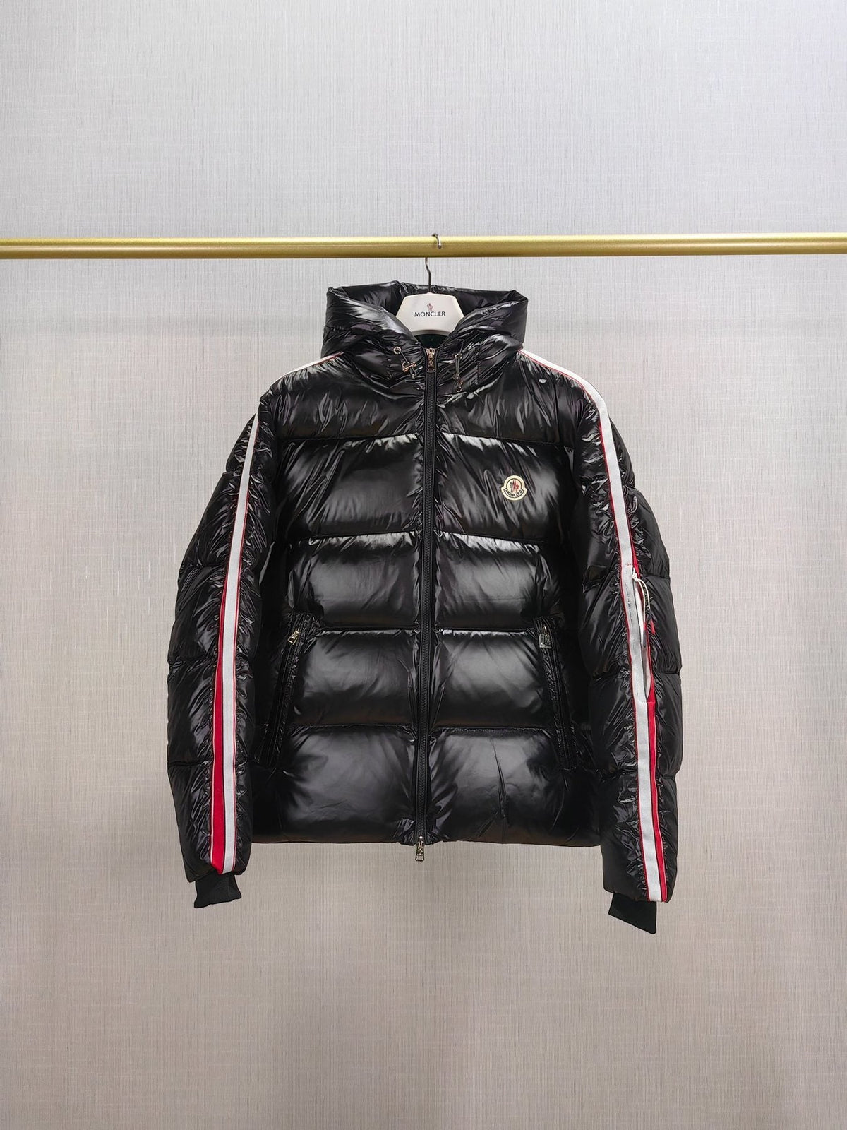 Moncler Men's Hooded Striped-Sleeve Puffer Coat — front