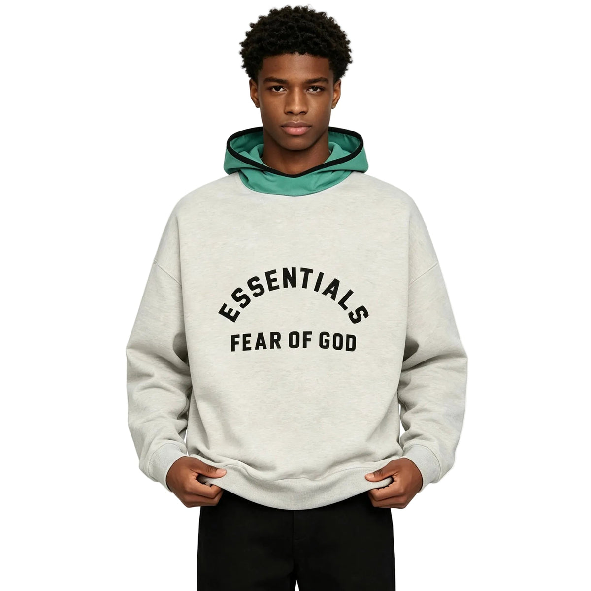 Fear of God Essentials SS24 Nylon Fleece Hoodie Light Heather Grey/Mint Leaf