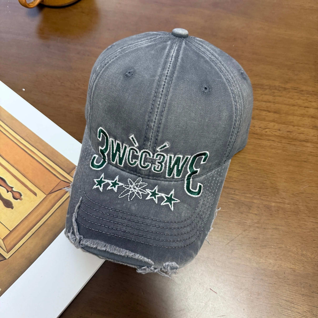 Distressed Washed Frayed-Edge Lettered Cap