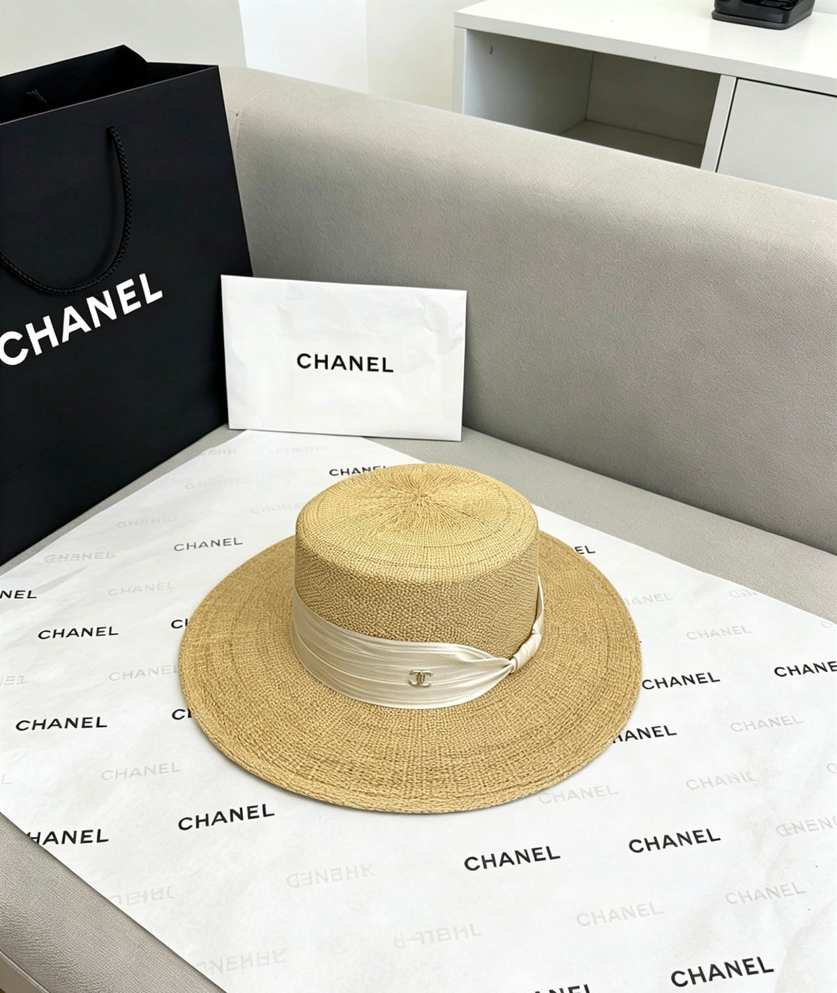 Chanel Straw Flat-Top Hat