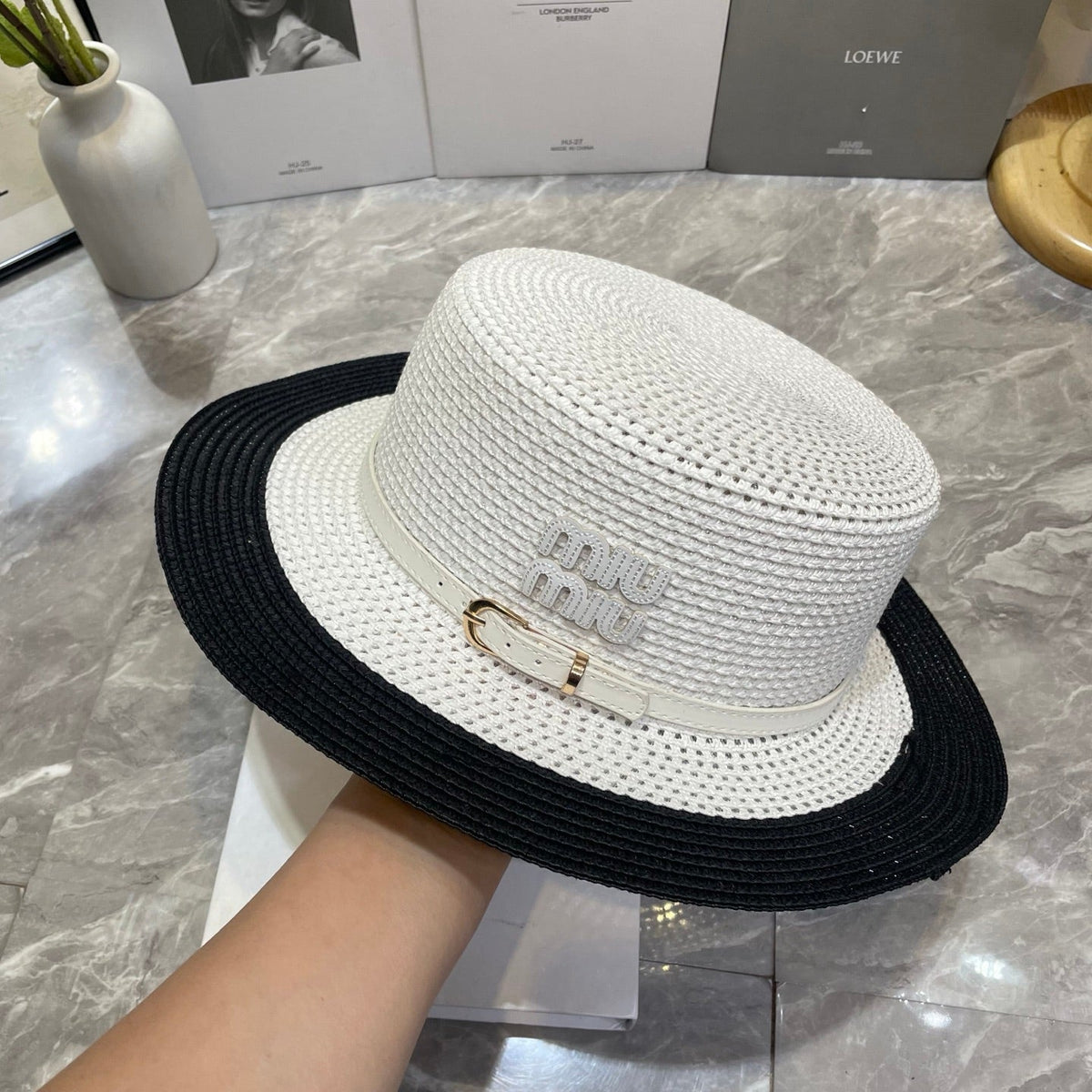 Miu Miu Raffia Straw Boater Hat