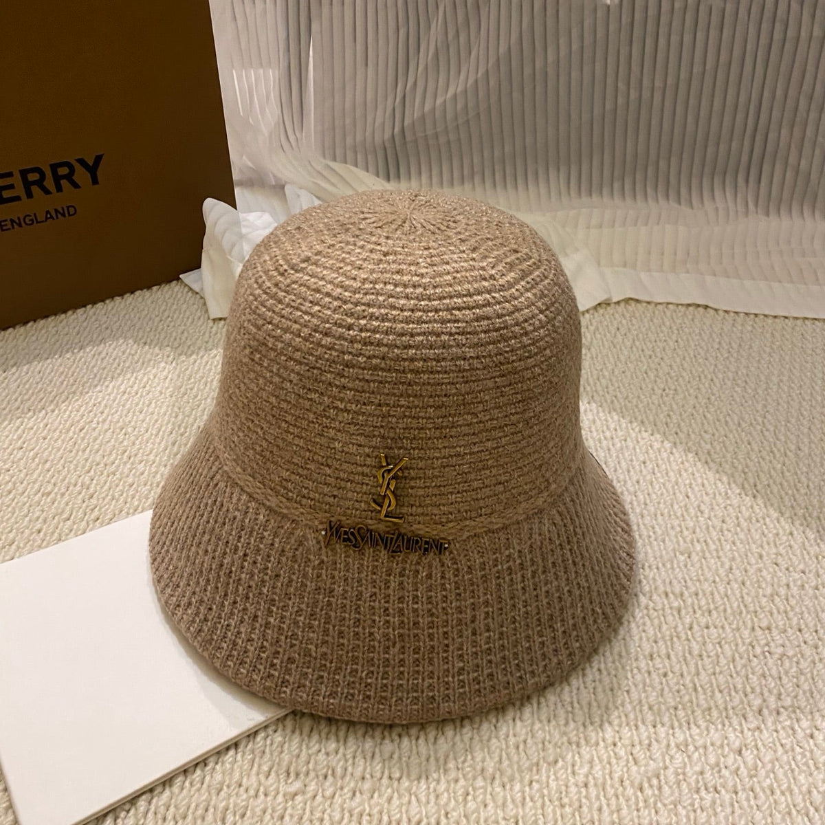 Saint Laurent Gold Logo Knitted Bucket Hat