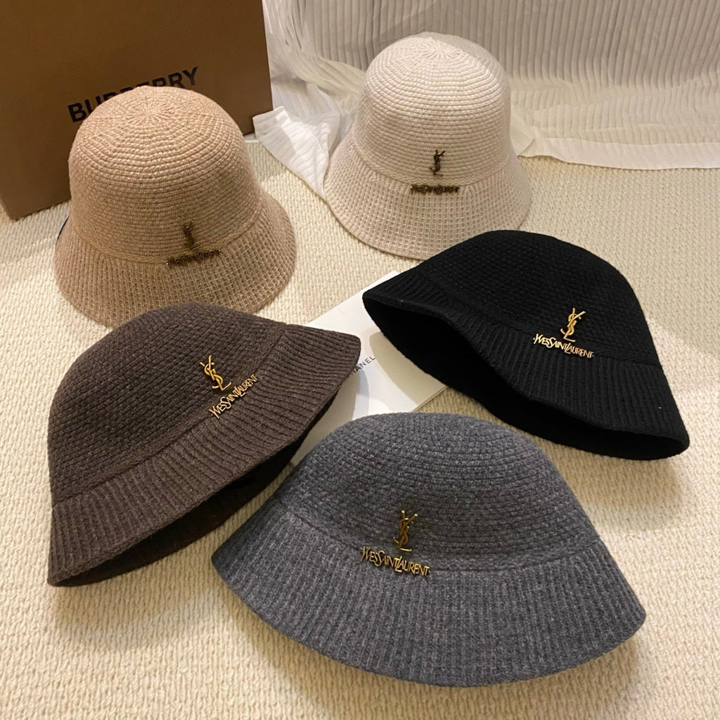 Saint Laurent Gold Logo Knitted Bucket Hat
