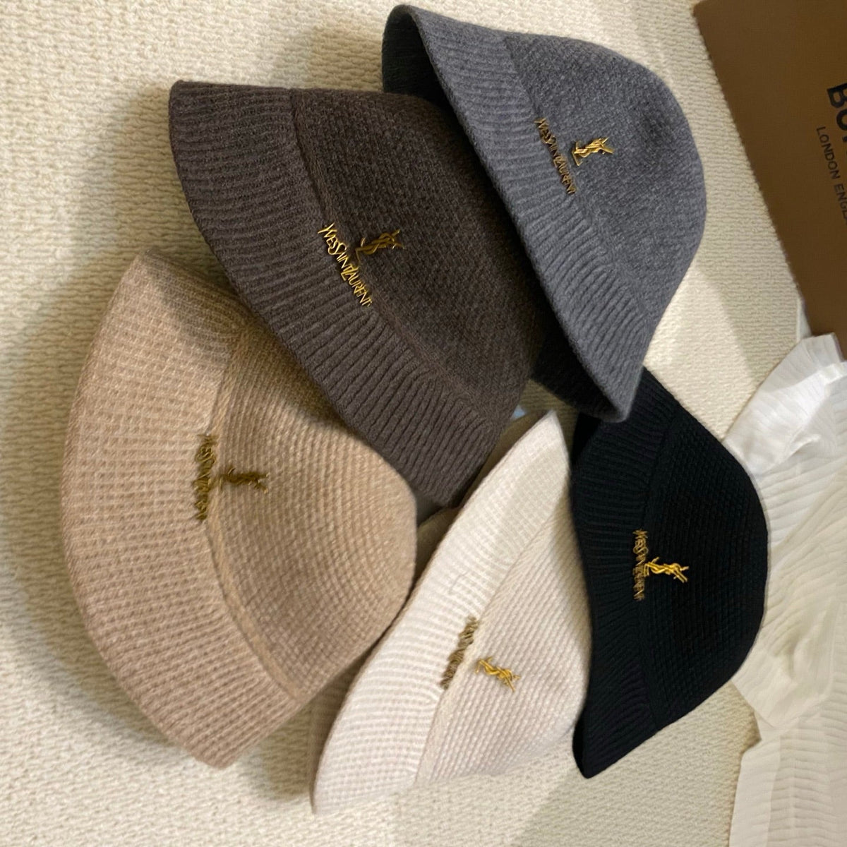 Saint Laurent Gold Logo Knitted Bucket Hat