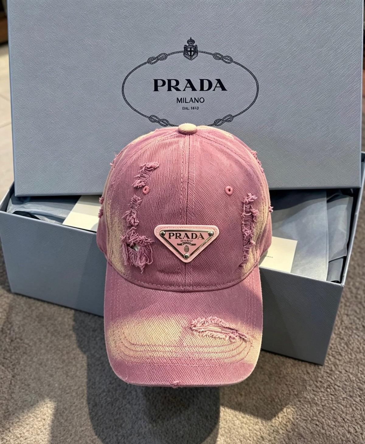 Prada Washed Distressed Triangle Logo Baseball Cap